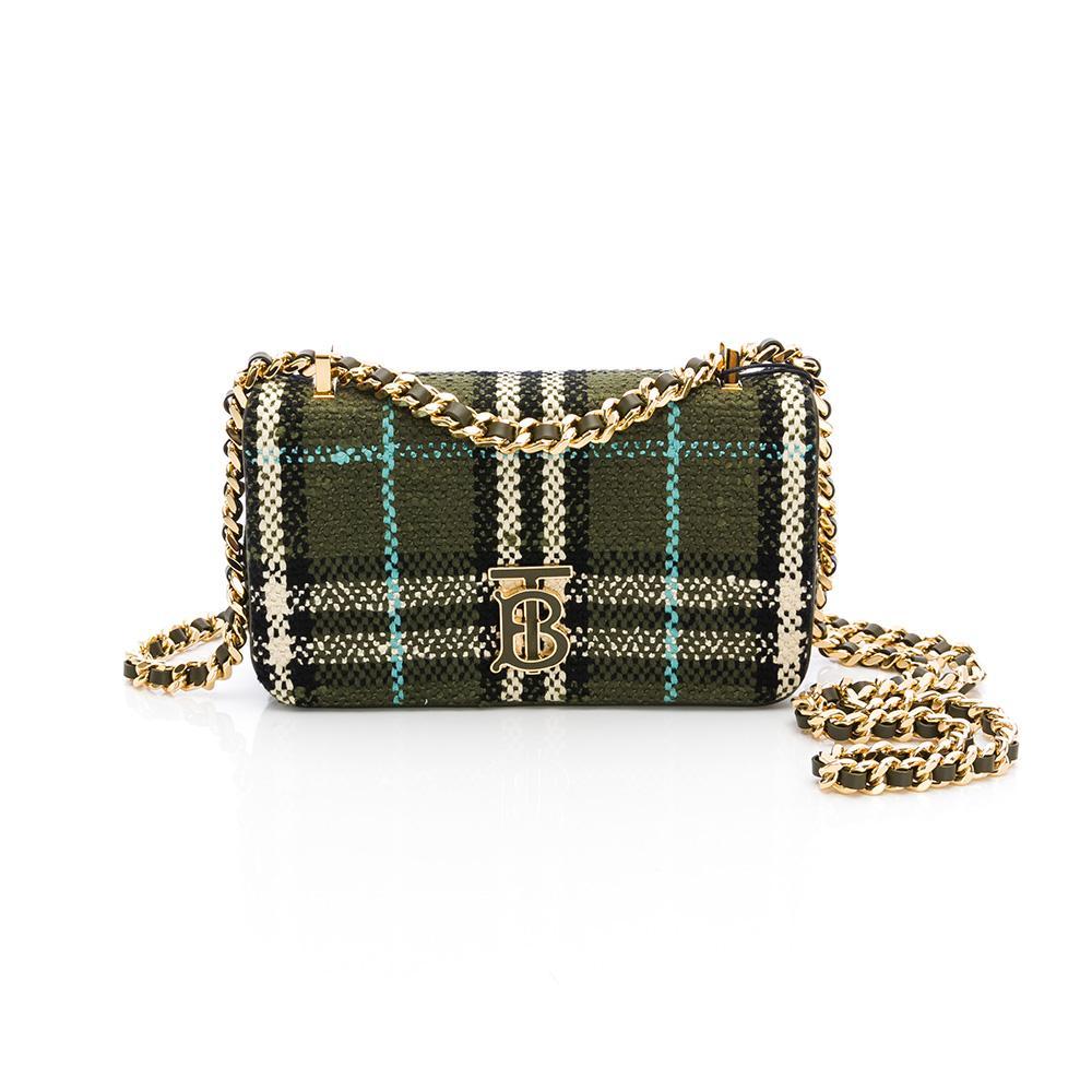 【限時優惠69折起】BURBERRY Mini Lola格紋圈紗斜背包(橄欖綠混色)