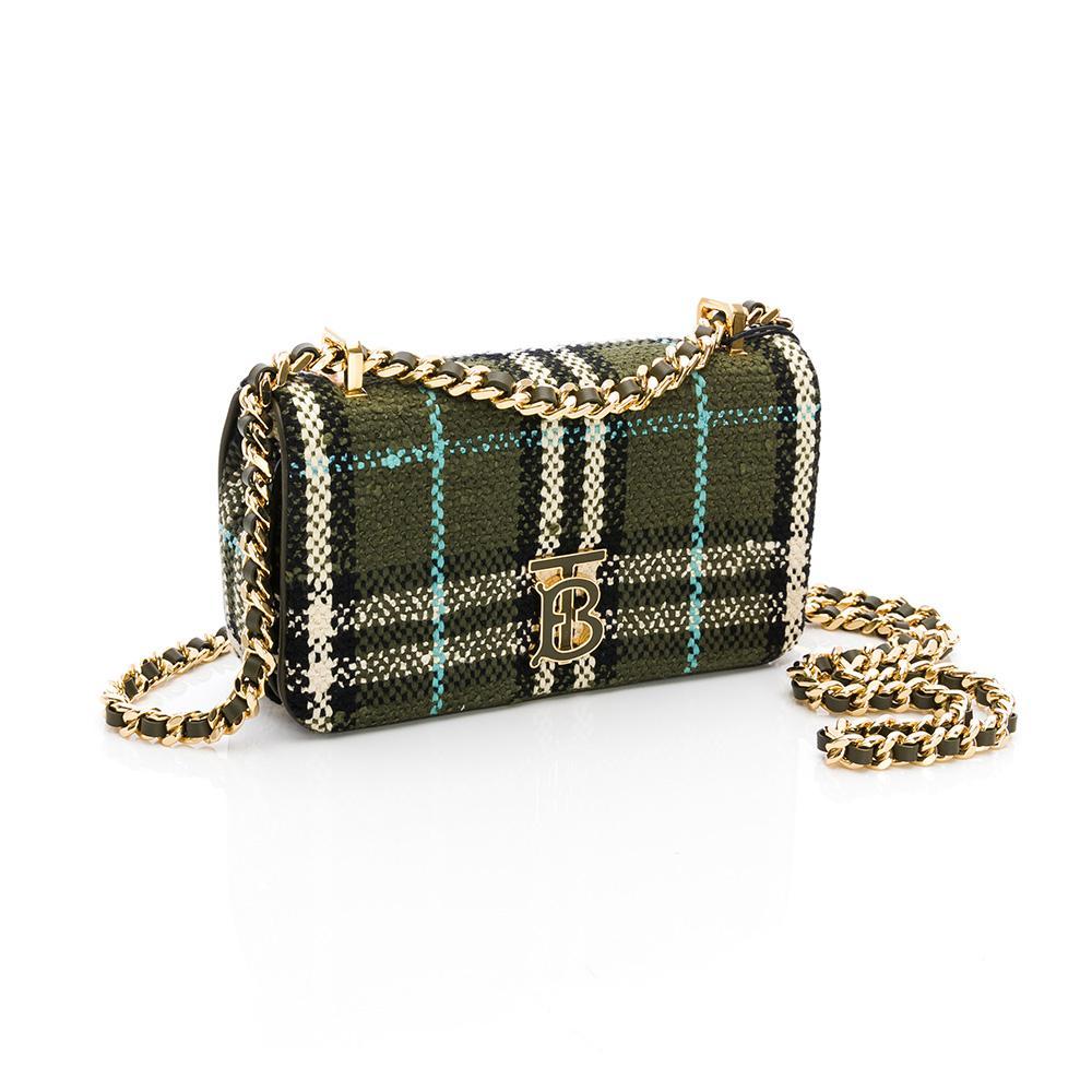 【限時優惠69折起】BURBERRY Mini Lola格紋圈紗斜背包(橄欖綠混色)